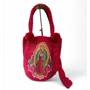 Guadalupe Wayuu Tribe Red Shoulder Bag with Braided Handles and Textured Design